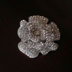 Huge rhinestone clear floral brooch